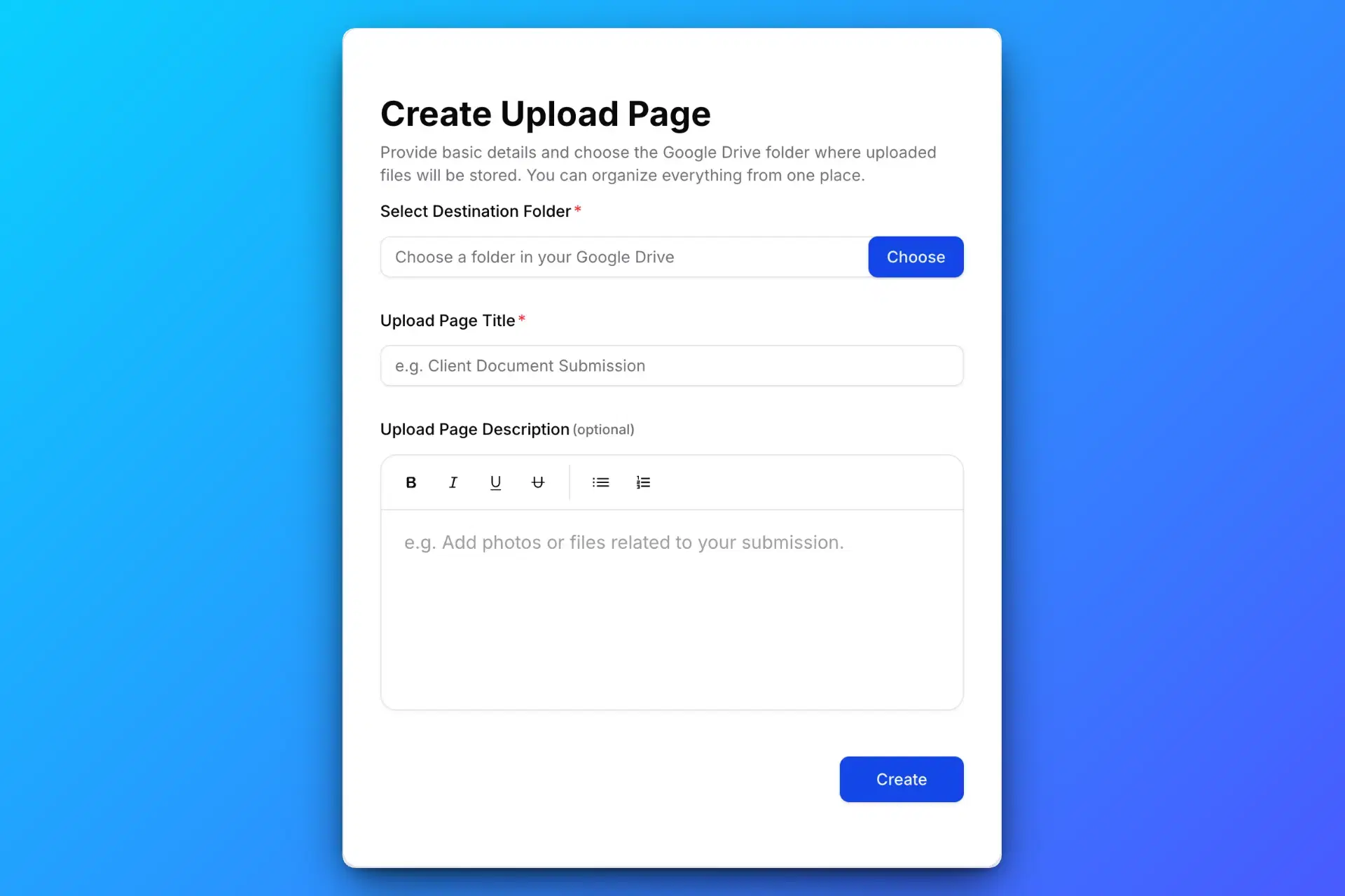 Create upload page Send To Drive for Google Drive file collection